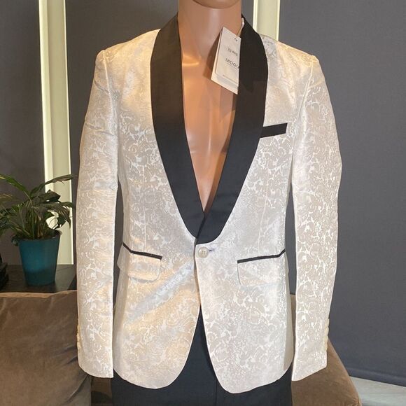 Men’s White/Black Paisley Tuxedo Jacket with Shawl Lapel Slim Fit Size 32 NWT - Picture 1 of 12